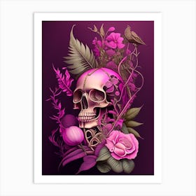Skull With Steampunk Details 1 Pink Botanical Art Print
