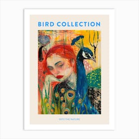 Peacock & Red Haired Woman Mixed Media Poster Art Print