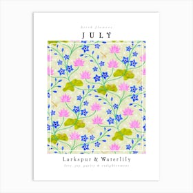 Larkspur & Water Lily July Birth Flower Print Art Print