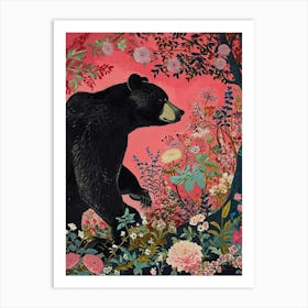 Floral Animal Painting Black Bear 2 Art Print