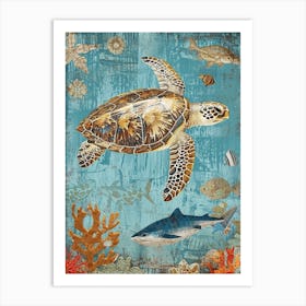 Blue Sea Turtle Exploring The Ocean Collage 5 Art Print