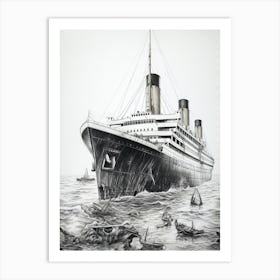 Titanic White Star Pencil Drawing Black And White 1 Art Print