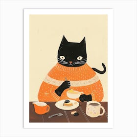 Black And Orange Cat Having Breakfast Folk Illustration 2 Art Print