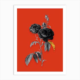 Vintage Purple Roses Black and White Gold Leaf Floral Art on Tomato Red n.0609 Art Print
