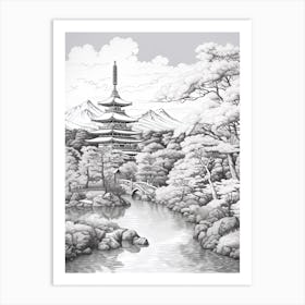 Chureito Pagoda In Yamanashi, Ukiyo E Black And White Line Art Drawing 4 Art Print