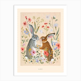 Folksy Floral Animal Drawing Rabbit 2 Poster Art Print