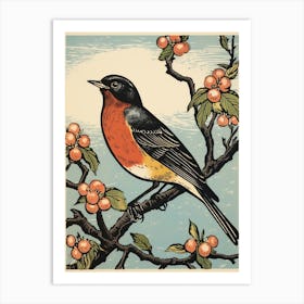 Vintage Bird Linocut Robin 4 Art Print