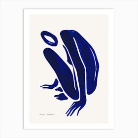 Minimal Blue Female Nude Crouching Art Print