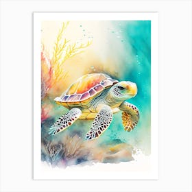 A Single Sea Turtle In Coral Reef, Sea Turtle Storybook Watercolours 2 Art Print