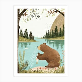 Brown Bear Catching Fish In A Tranquil Lake Storybook Illustration 2 Art Print