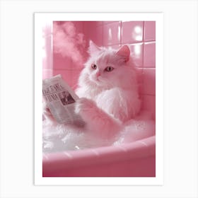 Pink Cat Reading Newspaper Art Print