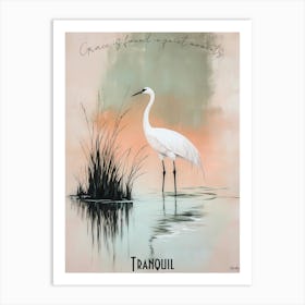 Serene White Crane In Zen Reeds, soft palette watercolor minimalist Calm Poster Art Print