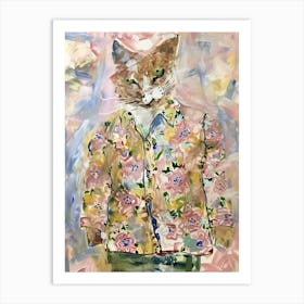 Animal Party: Crumpled Cute Critters with Cocktails and Cigars Cat In Floral Jacket Art Print