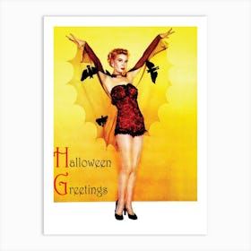 Halloween Greetings, Pin Up Girl Posing In Bat Costume Art Print