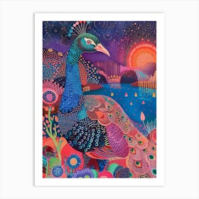 Dotwork Peacock At Night By The River Art Print