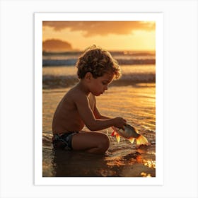 Little Boy Playing With Fish At Sunset Art Print