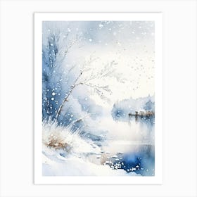 Snowflakes Falling By A Lake, Snowflakes, Storybook Watercolours 3 Art Print