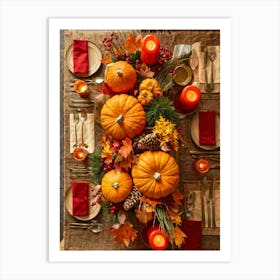 Autumn Harvest Table Centerpiece Overflowing With Gourds And Pumpkins Surrounded By Red And Gold C (4) Art Print