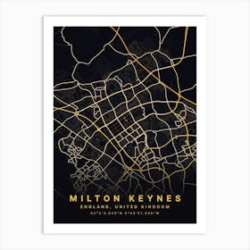 Milton Keynes England Black And Gold Map Art Print