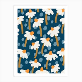 Daisy Pattern Floral On Blue Art Print