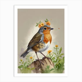 Robin With Flower Crown 15 Art Print