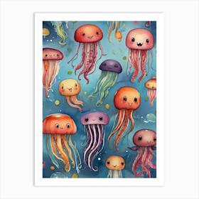 Collection Of Happy Jellyfish Square Art Print 2 Art Print