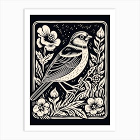 B&W Bird Linocut Sparrow 2 Art Print