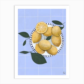 Lemons On Blue Tablecloth Art Print