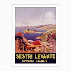 Sestri Levante Italy, Woman Reading, Vintage Travel Poster Art Print