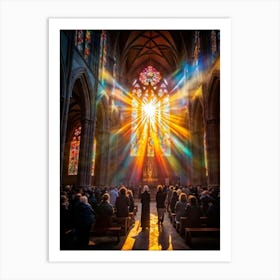 Cathedral Bathed In The Ethereal Glow Of Sunrise During Sunday Worship Congregants In Vibrant Attir (2) Art Print