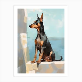 Doberman Pinscher Dog, Painting In Light Teal And Brown 1 Art Print