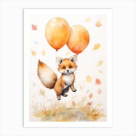 Fox Flying With Autumn Fall Pumpkins And Balloons Watercolour Nursery 3 Art Print