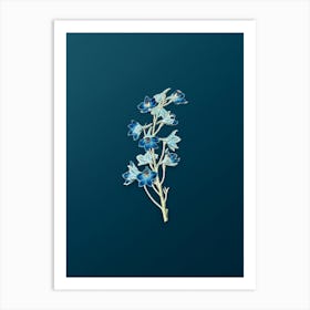 Vintage Shewy Delphinium Flower Botanical Art on Teal Blue n.0447 Art Print