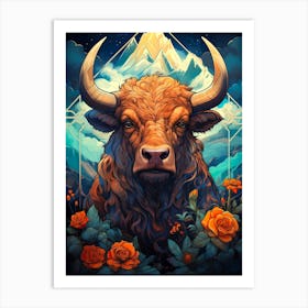 Bull With Roses Art Print