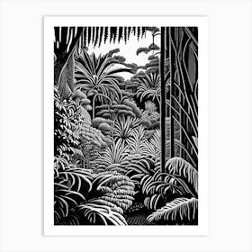Auckland Domain Wintergardens, 1, New Zealand Linocut Black And White Vintage Art Print