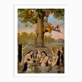Krishna sitting in a tree with all the gopis clothes while they naked in the water, 1 Art Print