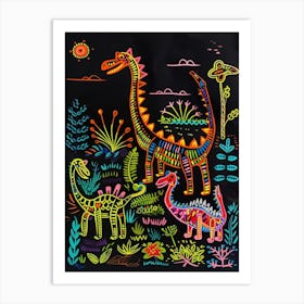 Abstract Neon Dinosaur Lines 2 Art Print