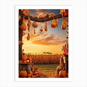 A Photograph Showcasing A Thanksgiving Festival Scene Set In A Rustic Fall Evening Wooden Decoratio Art Print