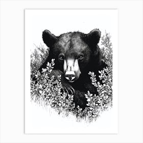 Malayan Sun Bear Hiding In Bushes Ink Illustration 1 Art Print