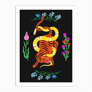 Tiger And Snake Battle Flowers Art Print