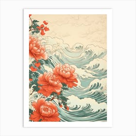 Great Wave With Lily Flower Drawing In The Style Of Ukiyo E 3 Art Print