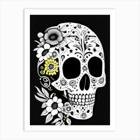 Skull With Floral Patterns Yellow Doodle Art Print