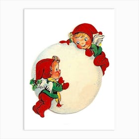 Two Elfs Making A Big Snowball Art Print