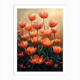 Photo Of A Field Of Orange Tulip Flowers Art Print