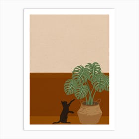 Minimal art of cat playing with plants Art Print