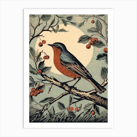 Vintage Bird Linocut Robin 3 Art Print