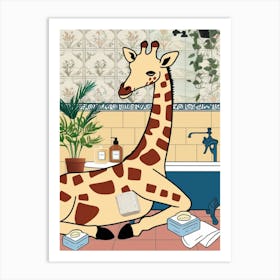 Giraffe In Bathroom 1 Art Print