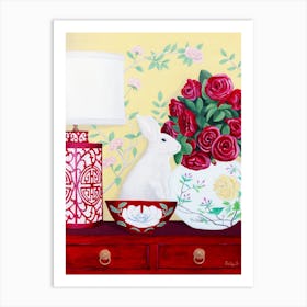 Rabbit And Roses In Chinoiserie Style Art Print