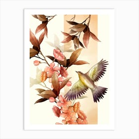 Hummingbird And Flowers Watercolor Art Print