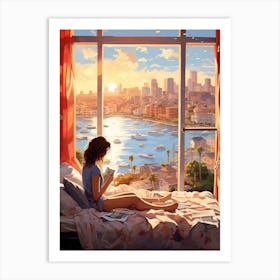 Girl Reading In Bed aesthetic Art Print